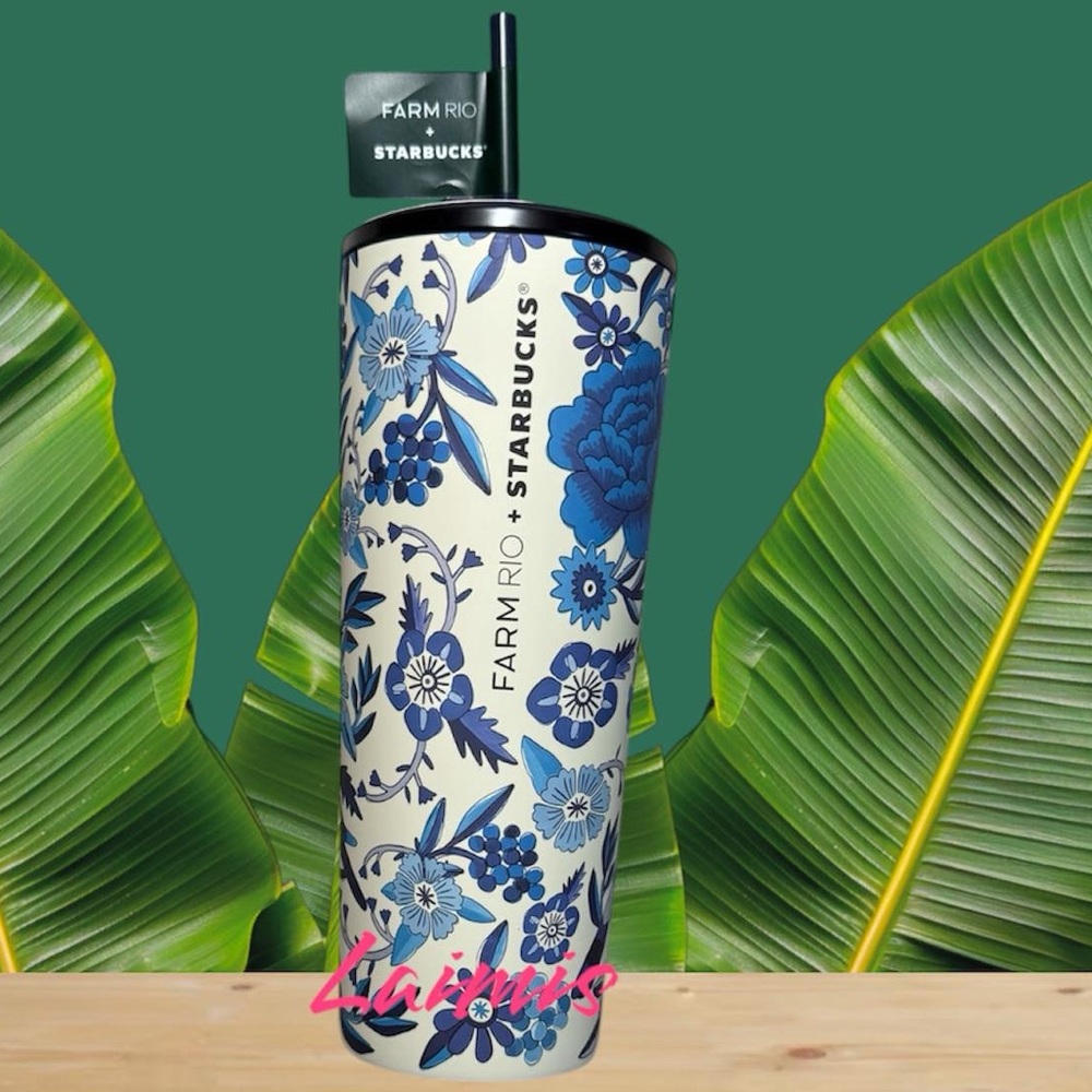 New Starbucks + Farm Rio Lenco Azulejo Blue White Tropical Stainless Tum…